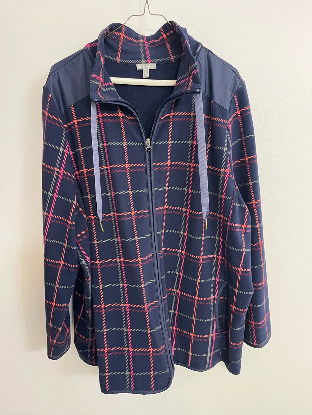 Like New! Talbots 3X Navy Plaid Zip-Front Utility Jacket Terry Cloth Lining